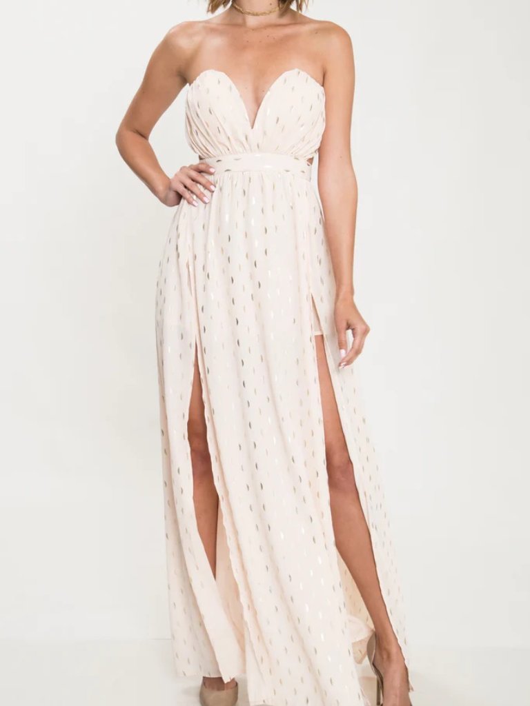 L'atiste Strapless Cut Out Maxi Dress Small Pink Gold Metallic Euc